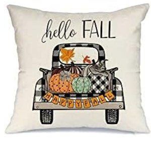 NEW LINEN BLEND HELLO FALL VINTAGE TRUCK BUFFALO CHECK DECORATIVE PILLOW COVER